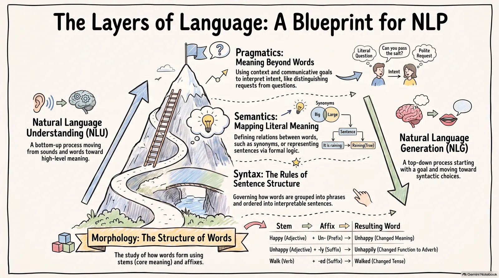 Conceptual illustration of morphology, syntax, semantics, and pragmatics